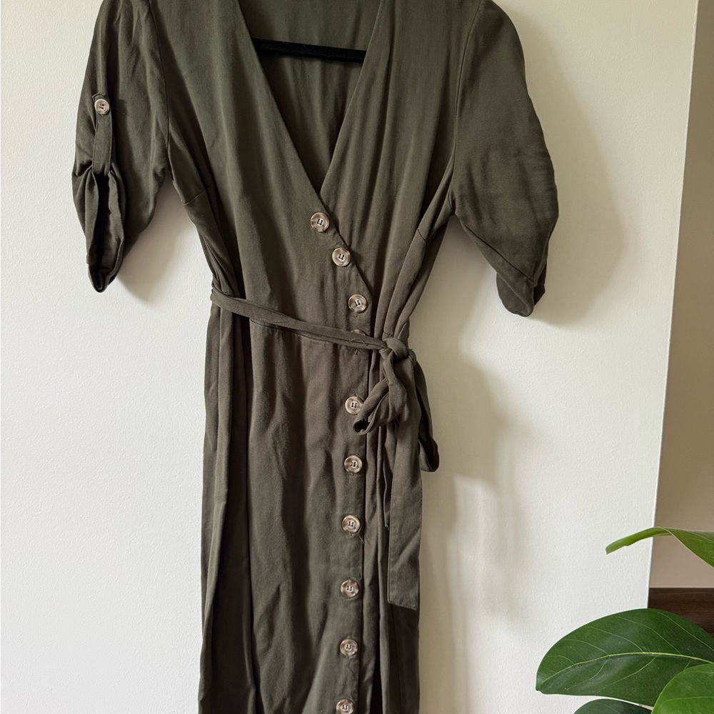 Rebellion Olive Green Button-Front Wrap Midi Dress
